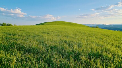 Obraz premium Lush green rolling hills and meadow under a blue summer sky in a scenic countryside landscape