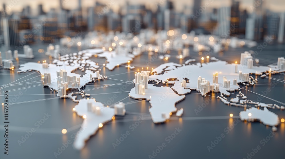 Poster a 3d map of the world with illuminated city connections, symbolizing global networking and urban dev