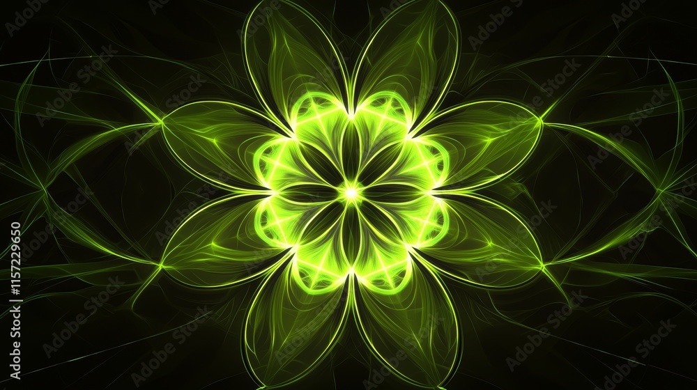Poster green fractal flower blooming with flowing lines and glowing petals creating a mesmerizing abstract 