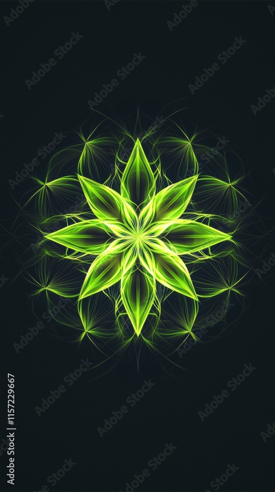 Poster green glowing floral abstract design radiating from the center on a dark background, creating a visu
