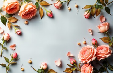 Flat lay view of autumn flowers. Composition features roses, hydrangeas in pastel pinks, oranges. Gray background. Suitable for autumn, fall, wedding, thanksgiving themes. Floral design. Top view.