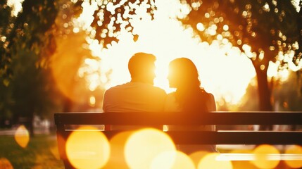 Couple enjoys a romantic sunset while sitting on a park bench surrounded by trees and soft bokeh lighting