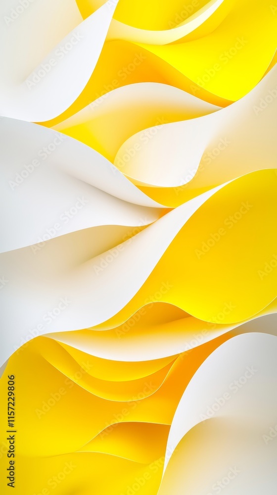 Poster smooth curves of yellow and white paper sheets are overlapping, creating an abstract and modern art 