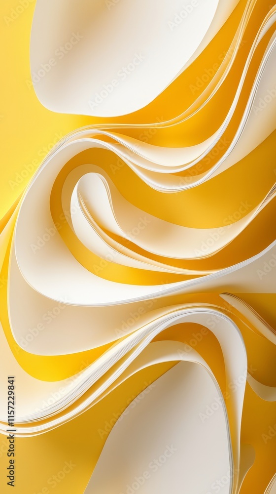 Poster smooth curves and lines of yellow and white interlaced layers create a visually captivating abstract