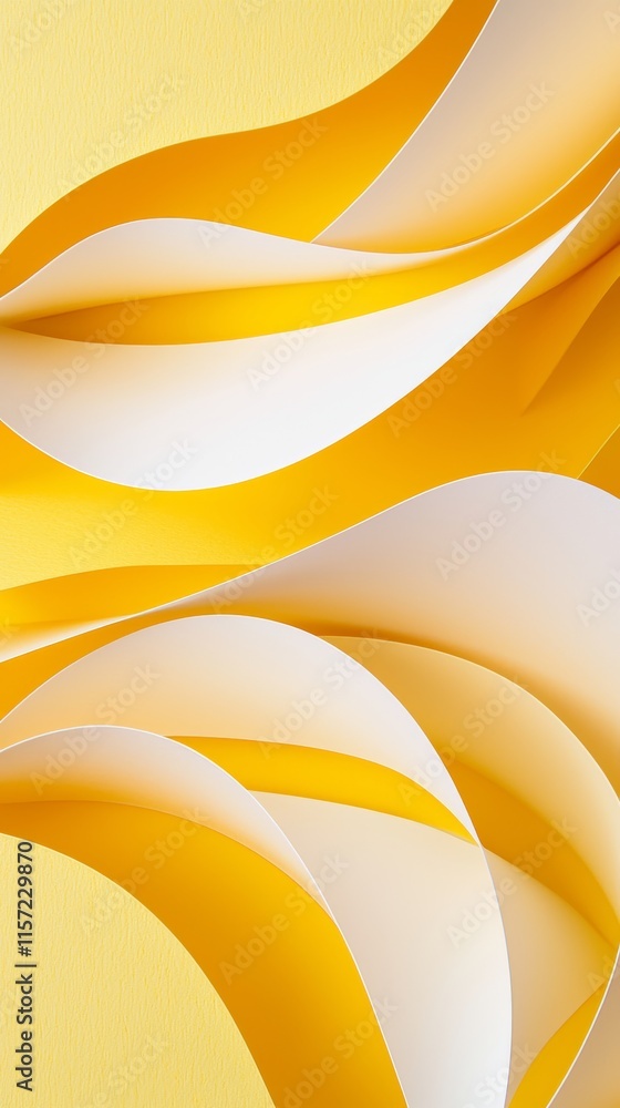 Poster abstract composition featuring curved yellow and white paper stripes interacting to form a dynamic a
