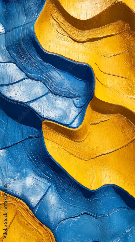 Poster flowing blue and yellow abstract shapes intertwine, creating a captivating pattern filled with dynam