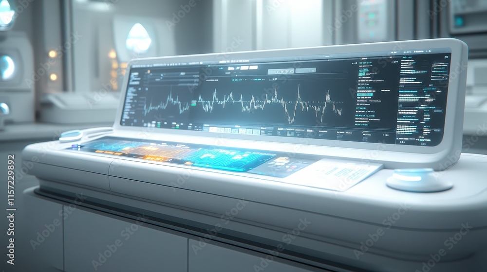 Poster a sleek, futuristic control panel displaying data and diagnostics in a modern, high-tech environment