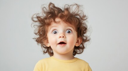 Naklejka premium Surprised toddler with curly hair expressing joy in a light setting