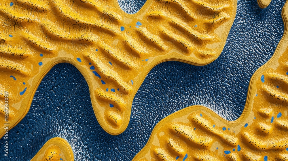 Poster yellow wavy shapes with a dotted texture resting on a blue bumpy surface, forming an engaging abstra