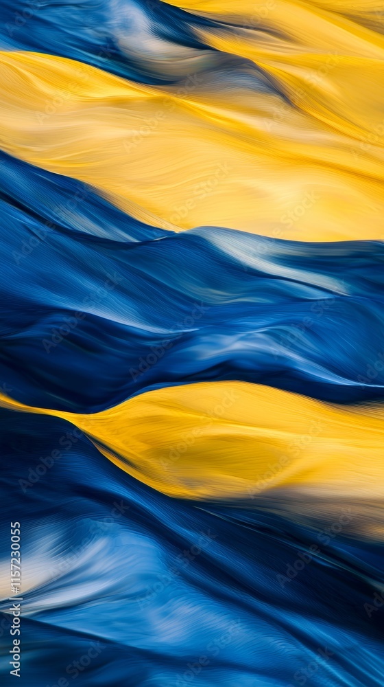 Poster blue and yellow wavy stripes intertwine and flow, creating a dynamic and visually captivating abstra