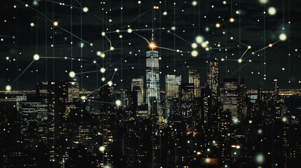 Obraz premium Smart digital Innovation city with connection network reciprocity over the cityscape. of future smart wireless digital city and social media networking systems that connects people with in city