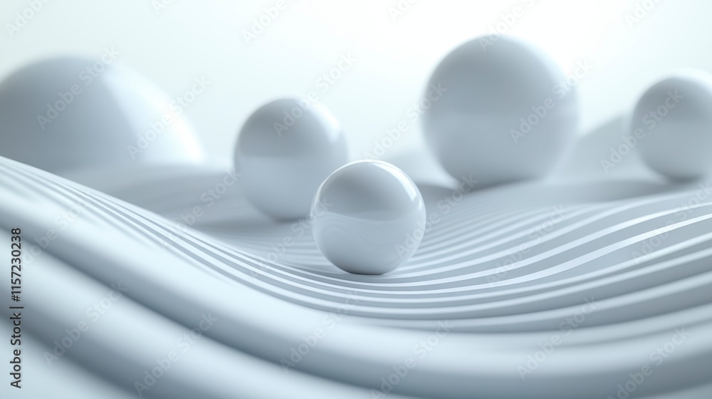 Poster a serene composition of white spheres resting on smooth, flowing waves, creating a minimalist and ca