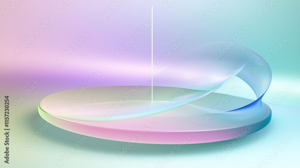 Aufkleber iridescent podium with holographic ribbon and vertical line is standing on a pastel colored surface,