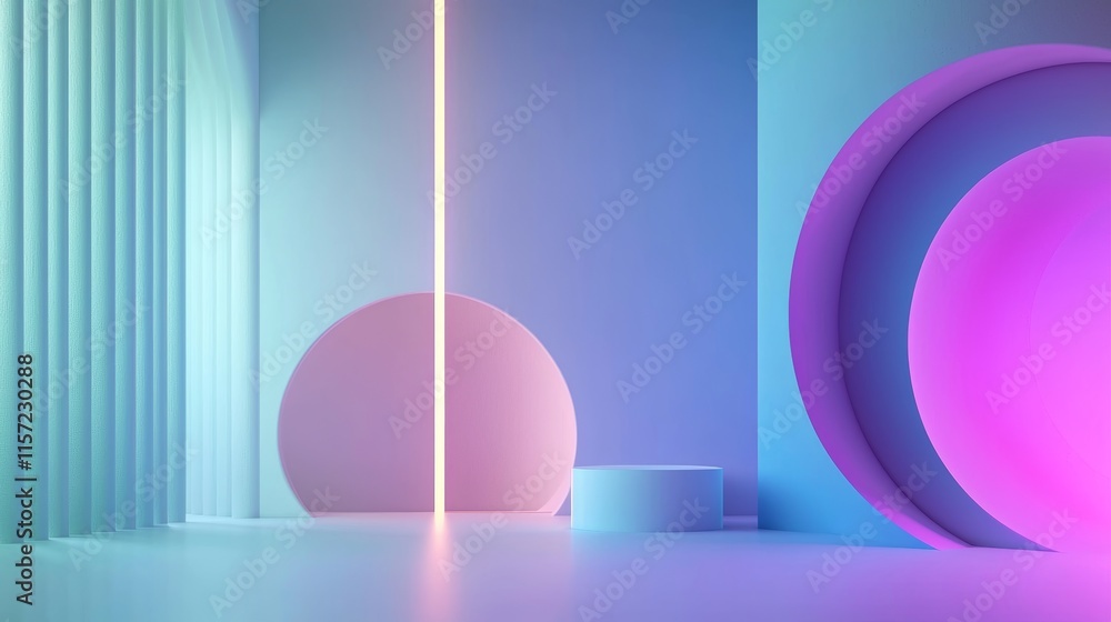Poster glowing neon lights illuminate an abstract composition of geometric shapes and a podium in a vibrant