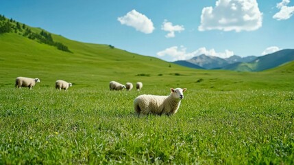Obraz premium Pastoral Landscape with Grazing Sheep Flock in Lush Meadow and Mountain Backdrop