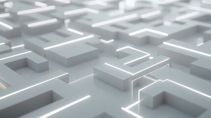 A futuristic maze design with glowing lines, creating a sense of depth and complexity in a minimalistic white environment.