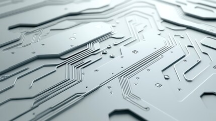 A close-up view of a circuit board showcasing intricate lines and patterns, with droplets of water adding a unique texture to the surface.