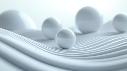 A serene composition of white spheres resting on smooth, flowing waves, creating a minimalist and calming visual effect.