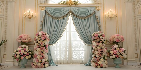 Elegant Floral Wedding Arch with Pastel Roses and Luxurious Blue Curtains