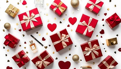 modern flat lay featuring red and gold gift boxes, luxury perfumes, and a scattering of metallic confetti hearts