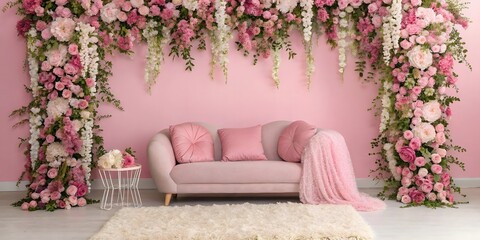 Elegant Floral-Themed Interior with Luxurious Sofa and Pink Flower Decor