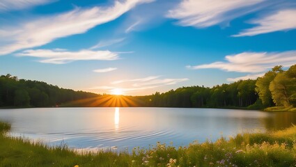 Fototapeta premium A peaceful and stunning natural landscape portrait, set against a bright blue sky with a few wispy clouds, in a very elegant macro photography style.