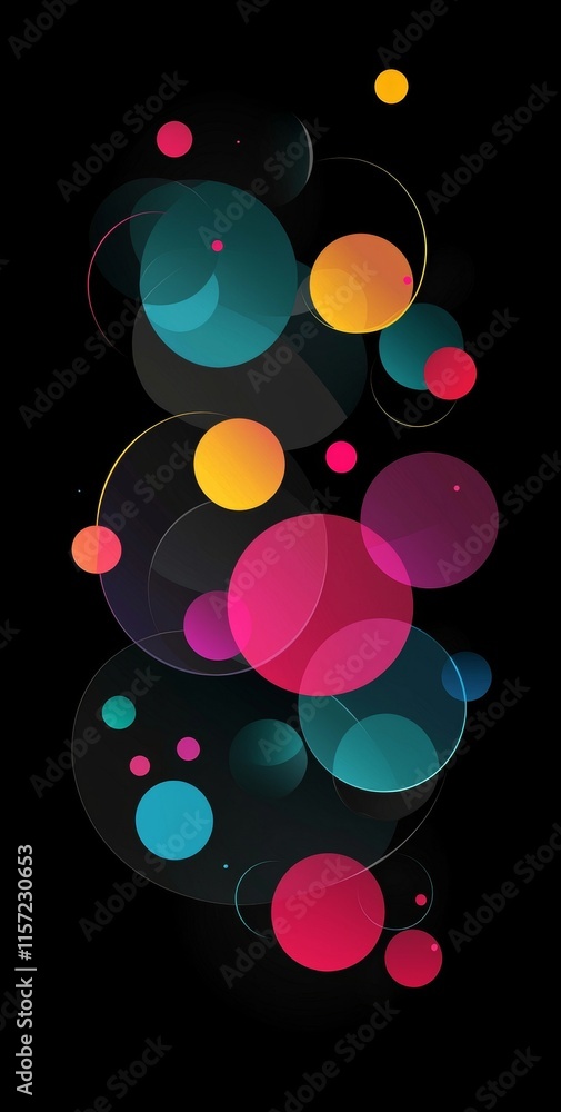 Poster colorful overlapping circles of varying sizes create a dynamic visual flow against a black backgroun