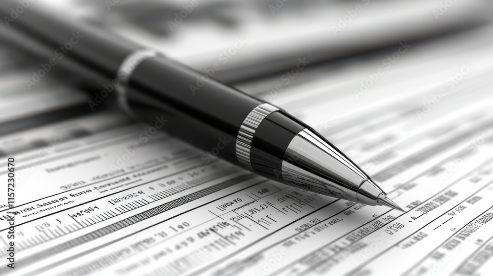 Poster a close-up of a black pen resting on a stack of documents, emphasizing a professional and organized 