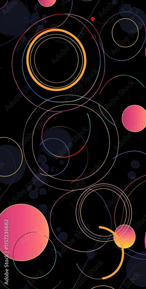 Poster vibrant colorful circles and spheres intertwine and overlap, creating a dynamic sense of movement an