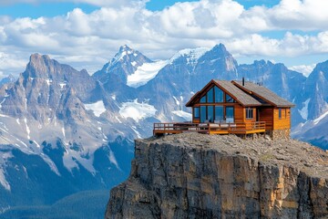 A striking modern cabin with sprawling glass windows perched dramatically atop a rugged cliff,...