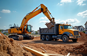 Excavator loads earthmover truck on construction site. Sunny day outdoors. Construction machinery works on new housing development foundation. Building project in progress. Dirt moved. Large