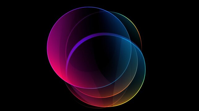 Intertwining circular shapes in vibrant gradients of purple, blue, orange, and yellow create an abstract composition against a dark backdrop, exuding fluidity and dynamism