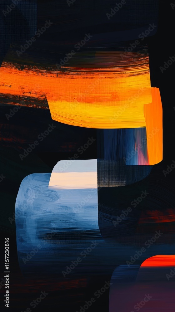 Poster modern abstract painting using orange, blue and black colors, creating a vibrant and dynamic composi