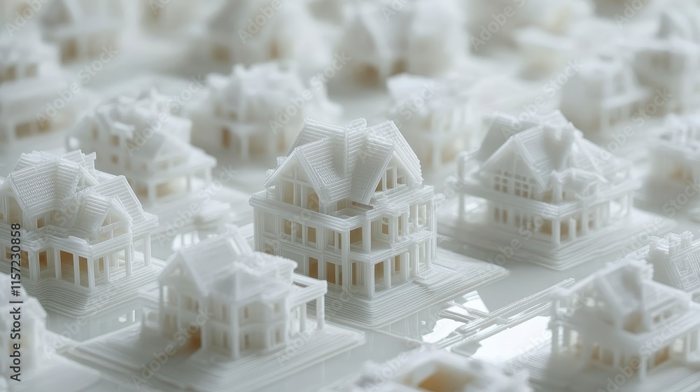 Poster a detailed collection of small, white architectural models resembling houses arranged in a grid patt