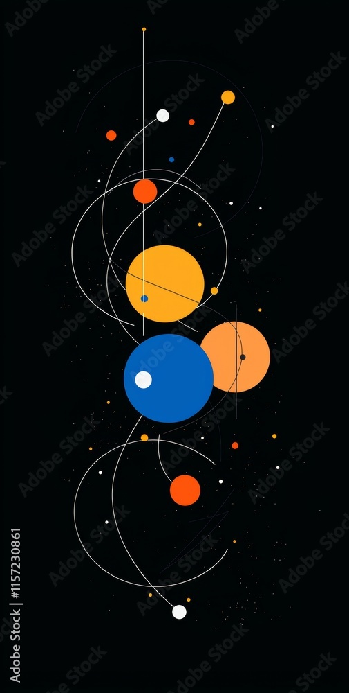 Poster abstract representation of a planetary system with colorful planets and orbits intertwined, conveyin