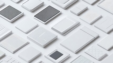 A collection of stylish, white notebooks with various textured covers arranged neatly on a light background.