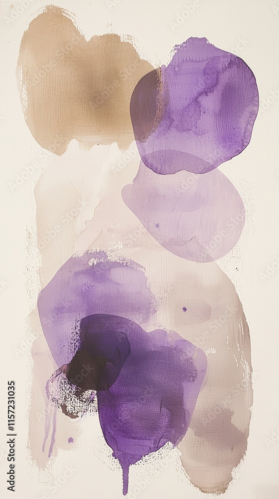 Poster purple and beige watercolor washes are dripping on canvas creating an abstract painting with a moder