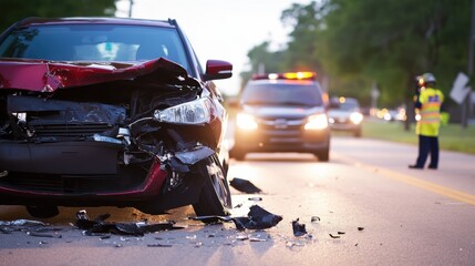 Car accident on suburban road involves multiple vehicles and emergency responders during daylight hours