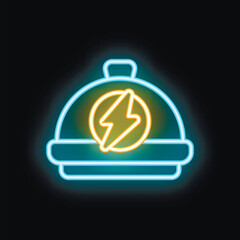 Neon glowing icon of a restaurant cloche with a lightning symbol inside, representing fast food delivery service