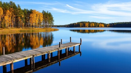 Scenic Autumn Lake with Wooden Jetty and Vibrant Fall Foliage Reflection
