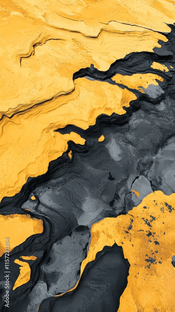 Poster yellow and black paints are blending, creating a mesmerizing abstract pattern with intricate lines a