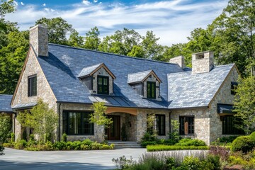 This elegant stone house features a spacious landscaped garden and classic architecture, highlighted by its detailed masonry and welcoming atmosphere.
