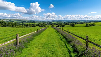 Naklejka premium Picturesque Countryside Landscape with Lush Green Meadow Winding Trail and Distant Hills under Cloudy Sky