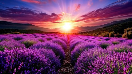 Breathtaking Lavender Field Sunset Landscape with Dramatic Sky
