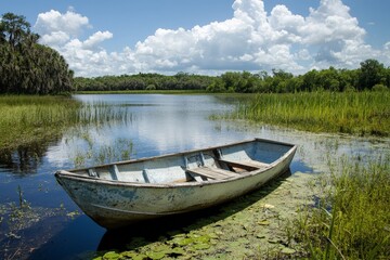 Obraz premium A peaceful old rowboat floats amidst lily pads on a lake, surrounded by lush greenery and a blue sky with fluffy clouds, evoking tranquility and solitude.