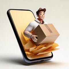 3D illustration: Delivery man popping out of a smartphone