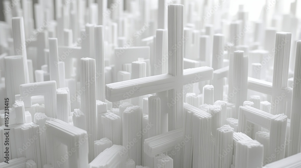 Poster a surreal arrangement of white structures resembling crosses, creating an abstract and ethereal land