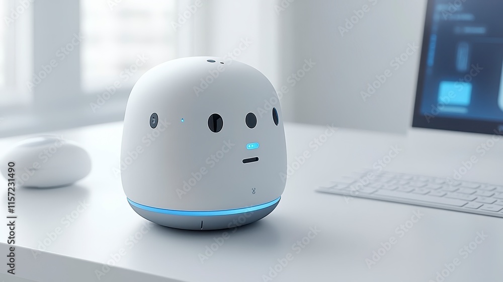 Poster a futuristic, round-shaped robot with a friendly face, positioned on a desk next to a keyboard, show