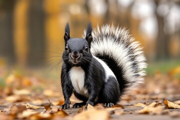 A magnificent black squirrel with a fluffy white tail poses confidently on an autumn pathway, surrounded by golden leaves, highlighting seasonal charm.