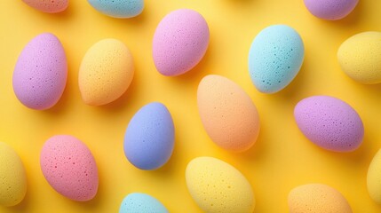 A flat lay of colorful egg-shaped makeup sponges on a bright yellow background for a cheerful vibe.
